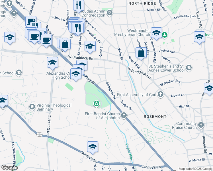 map of restaurants, bars, coffee shops, grocery stores, and more near 2020 Scroggins Road in Alexandria