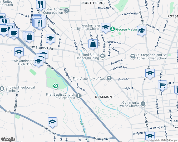 map of restaurants, bars, coffee shops, grocery stores, and more near 815 East Timber Branch Parkway in Alexandria