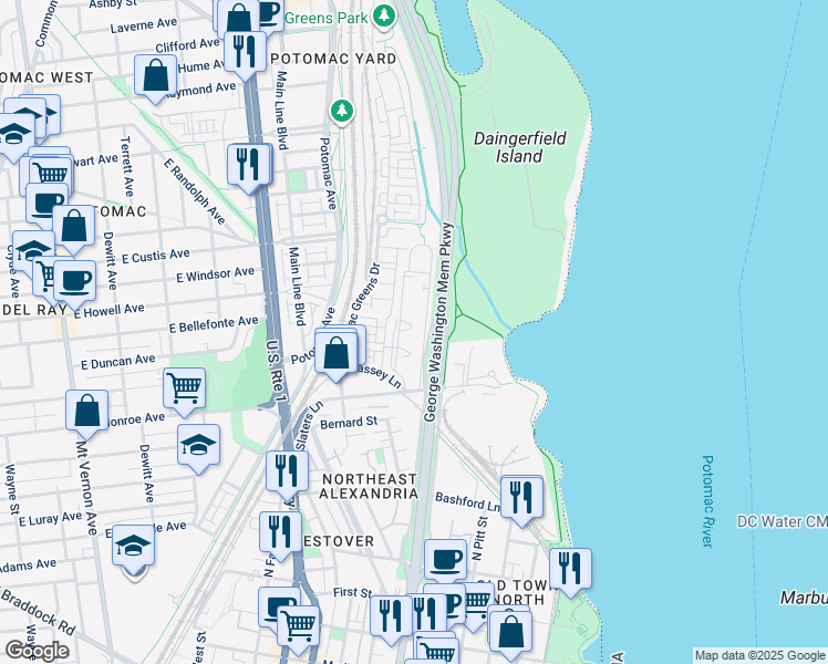 map of restaurants, bars, coffee shops, grocery stores, and more near 1634 West Abingdon Drive in Alexandria