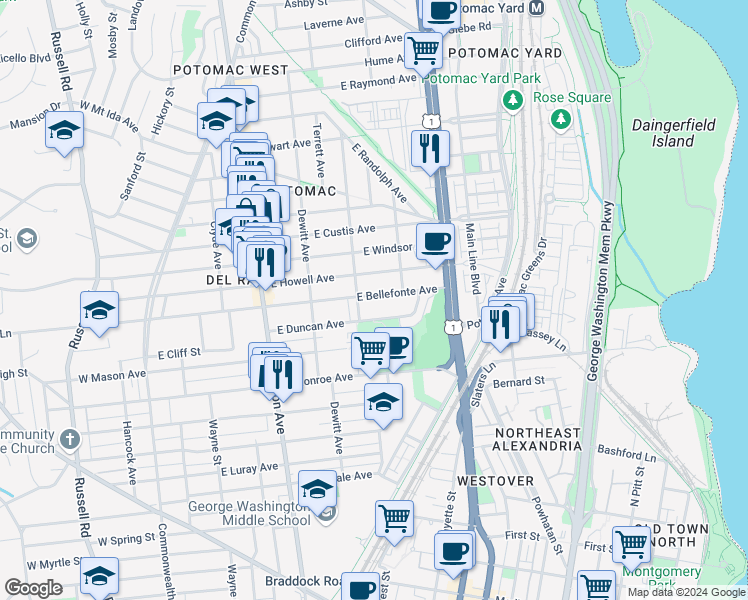 map of restaurants, bars, coffee shops, grocery stores, and more near 405 East Bellefonte Avenue in Alexandria