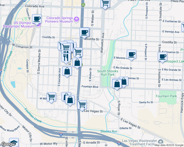 map of restaurants, bars, coffee shops, grocery stores, and more near 725 South Weber Street in Colorado Springs
