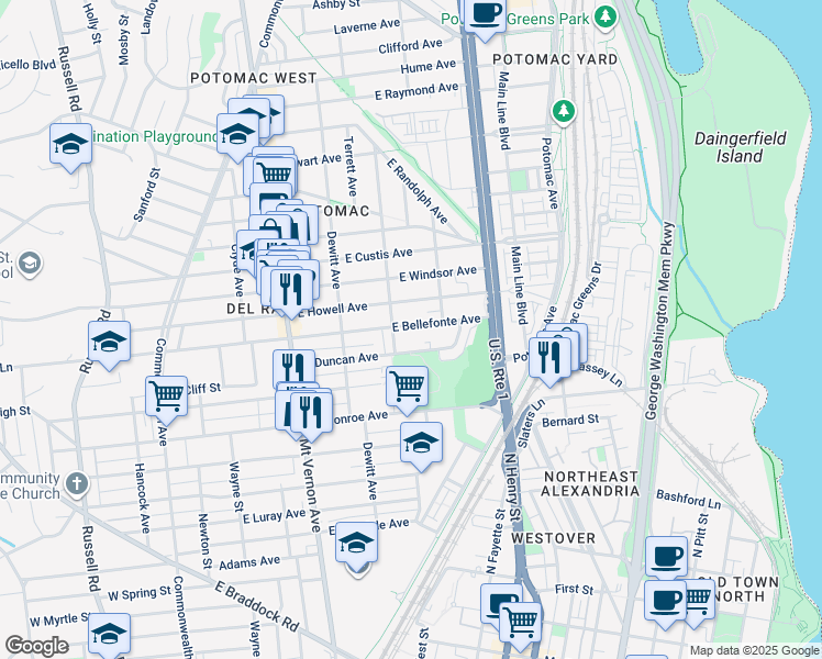 map of restaurants, bars, coffee shops, grocery stores, and more near 405 East Bellefonte Avenue in Alexandria