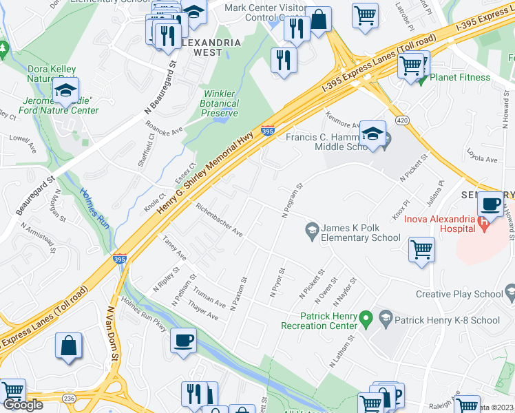 map of restaurants, bars, coffee shops, grocery stores, and more near 1148 Palmer Place in Alexandria
