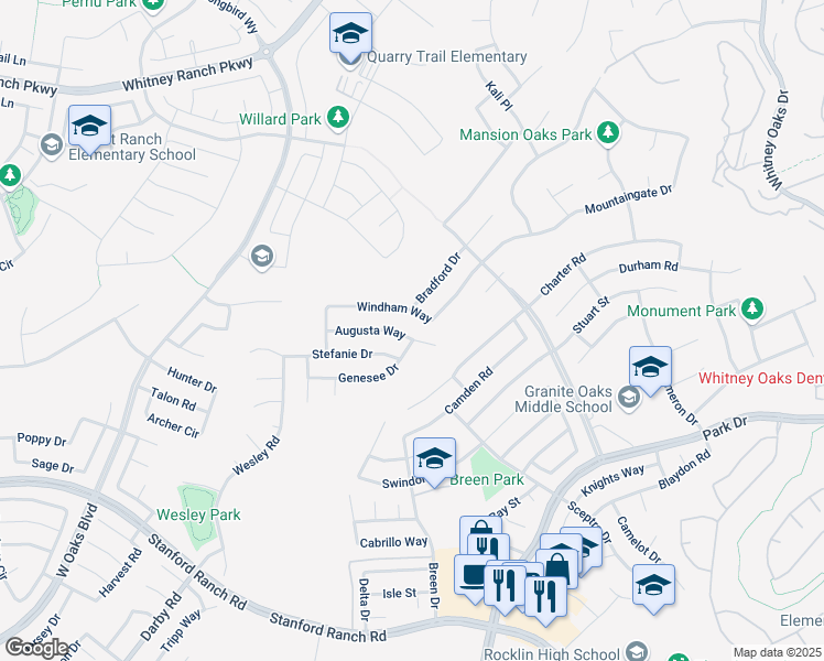 map of restaurants, bars, coffee shops, grocery stores, and more near 2833 Augusta Way in Rocklin