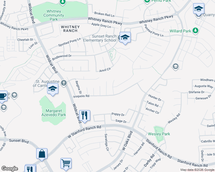 map of restaurants, bars, coffee shops, grocery stores, and more near 5305 Clipper Road in Rocklin