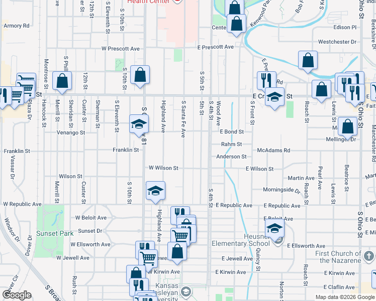 map of restaurants, bars, coffee shops, grocery stores, and more near 840 South Santa Fe Avenue in Salina