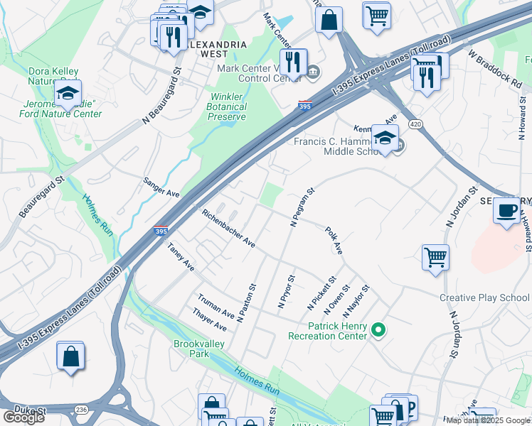 map of restaurants, bars, coffee shops, grocery stores, and more near 1148 Palmer Place in Alexandria