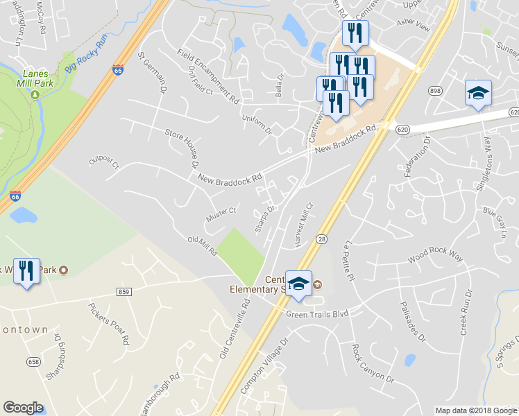 map of restaurants, bars, coffee shops, grocery stores, and more near 6308 Gun Mount Court in Centreville