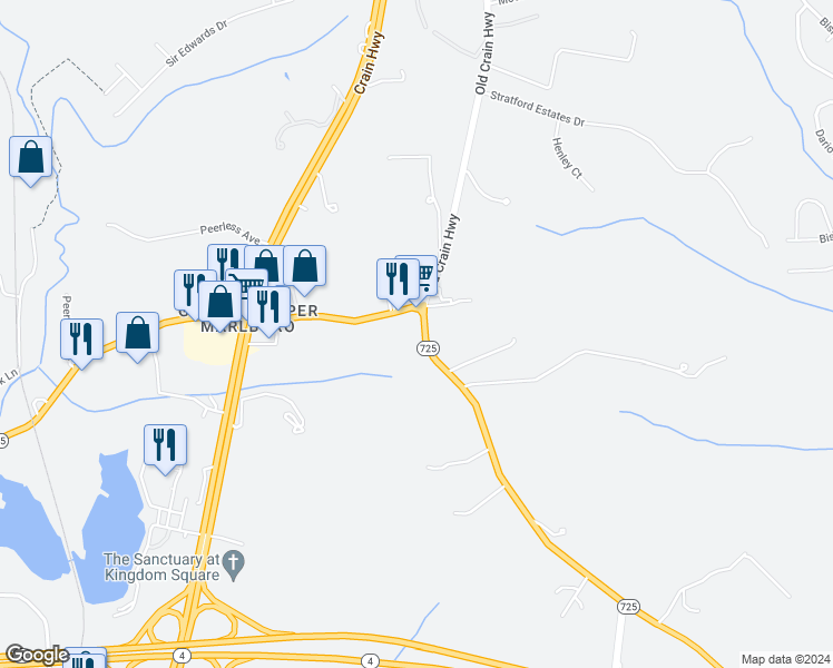 map of restaurants, bars, coffee shops, grocery stores, and more near 16007 Marlboro Pike in Upper Marlboro