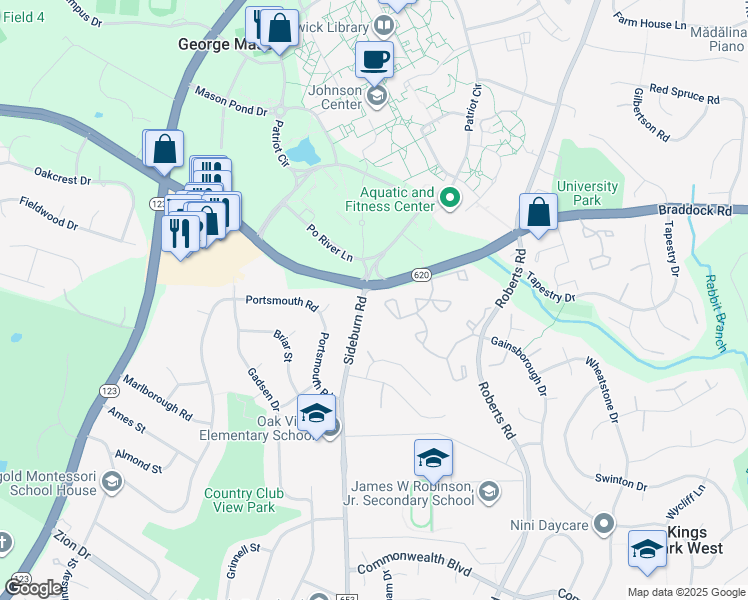 map of restaurants, bars, coffee shops, grocery stores, and more near 4949 Carriagepark Road in Fairfax