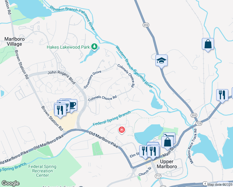 map of restaurants, bars, coffee shops, grocery stores, and more near 14305 Colonel Clagett Court in Upper Marlboro