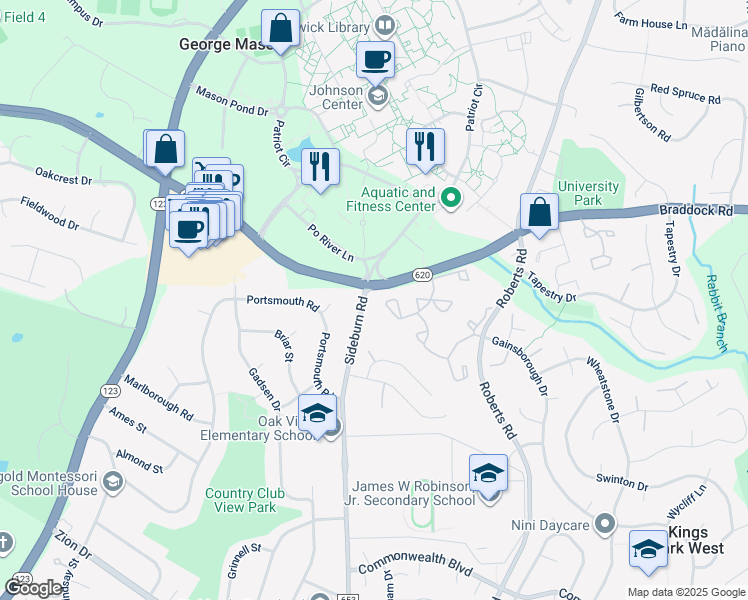 map of restaurants, bars, coffee shops, grocery stores, and more near 4949 Carriagepark Road in Fairfax