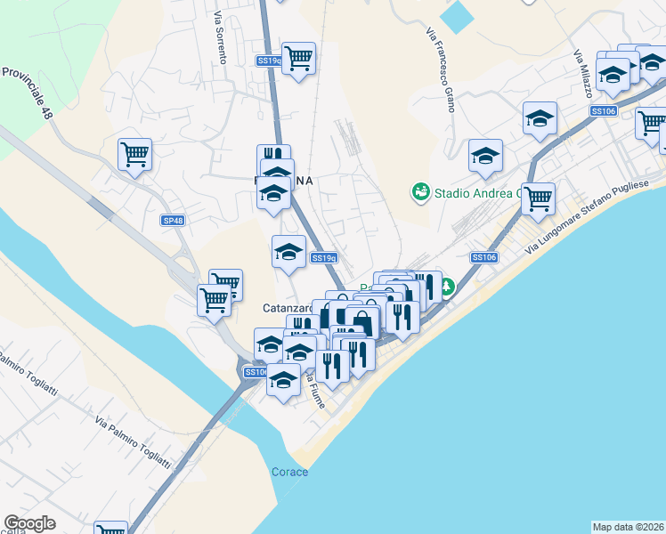 map of restaurants, bars, coffee shops, grocery stores, and more near Via Nazionale in Catanzaro