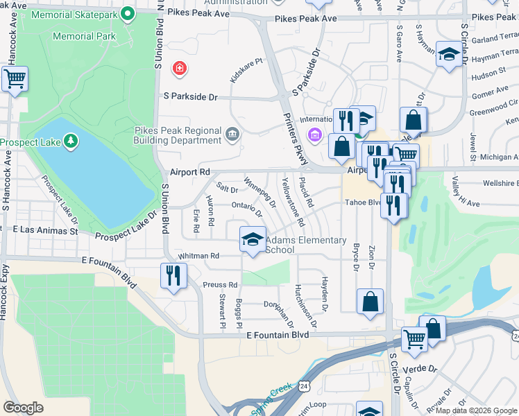 map of restaurants, bars, coffee shops, grocery stores, and more near 2208 Ontario Drive in Colorado Springs