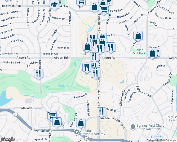map of restaurants, bars, coffee shops, grocery stores, and more near 411 Lakewood Circle in Colorado Springs