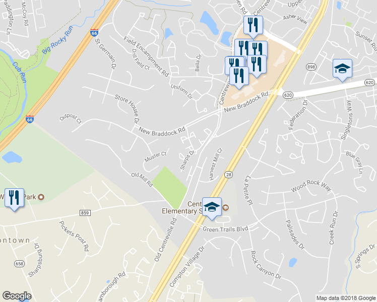 map of restaurants, bars, coffee shops, grocery stores, and more near 6318 Musket Ball Drive in Centreville