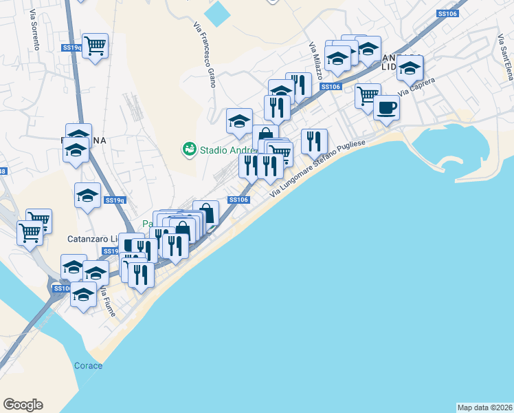 map of restaurants, bars, coffee shops, grocery stores, and more near Via Lungomare in Catanzaro