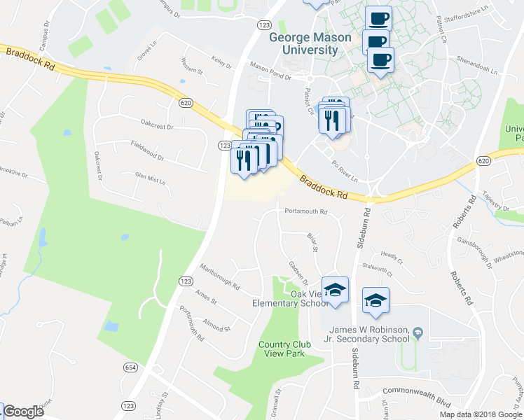map of restaurants, bars, coffee shops, grocery stores, and more near 5104 Portsmouth Road in Fairfax