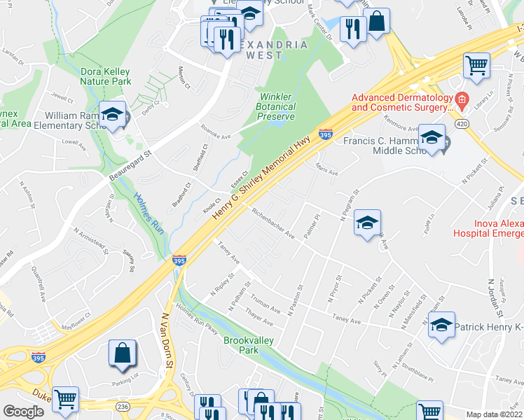 map of restaurants, bars, coffee shops, grocery stores, and more near 5433 Richenbacher Avenue in Alexandria
