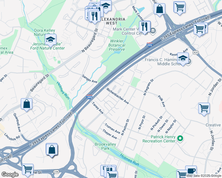 map of restaurants, bars, coffee shops, grocery stores, and more near 5433 Richenbacher Avenue in Alexandria