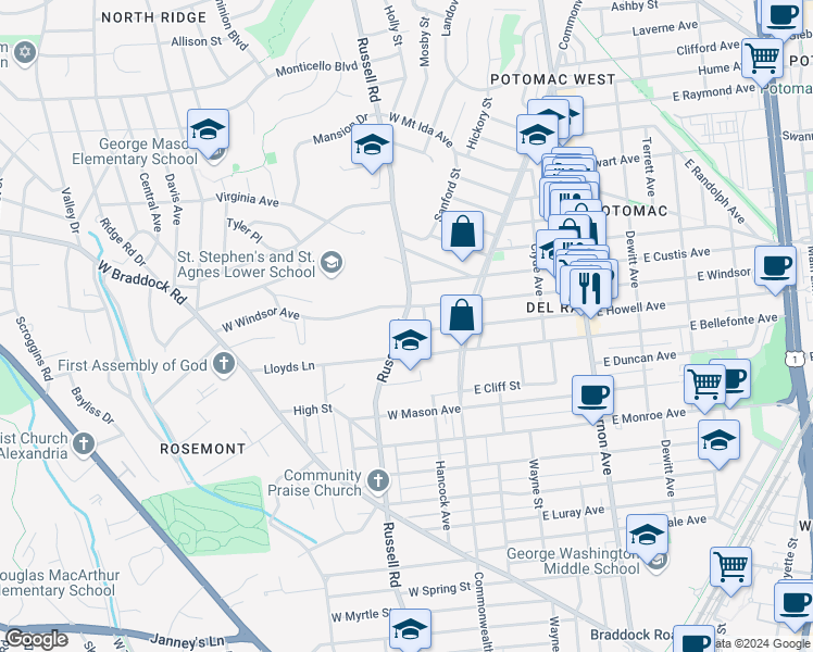 map of restaurants, bars, coffee shops, grocery stores, and more near 107 West Howell Avenue in Alexandria