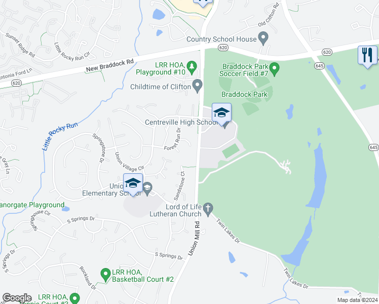 map of restaurants, bars, coffee shops, grocery stores, and more near 13503 Battlewood Court in Clifton