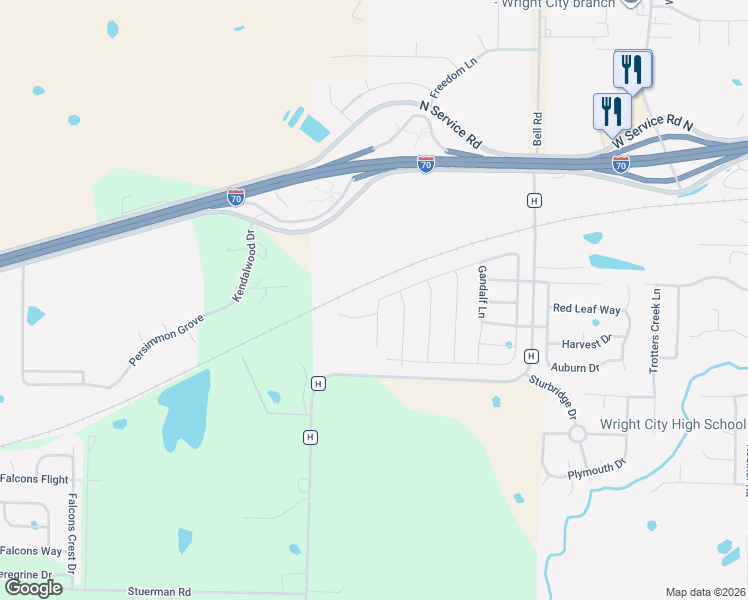 map of restaurants, bars, coffee shops, grocery stores, and more near 619-655 State Highway H in Wright City