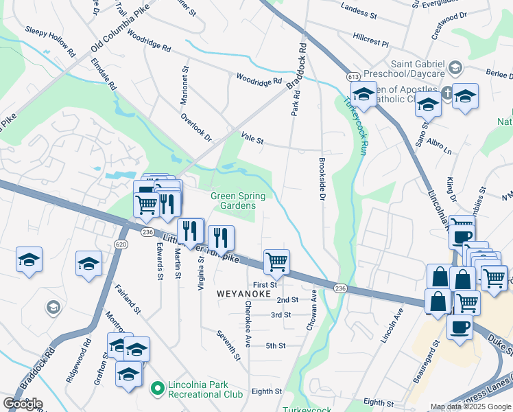 map of restaurants, bars, coffee shops, grocery stores, and more near 4610 Merritt Road in Alexandria