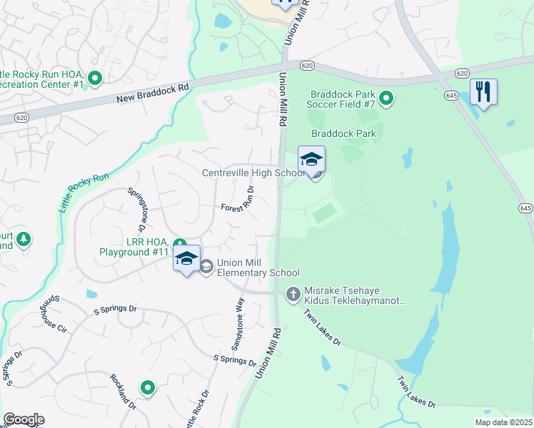 map of restaurants, bars, coffee shops, grocery stores, and more near 13503 Battlewood Court in Clifton