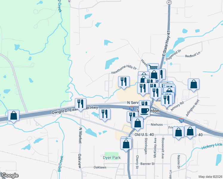 map of restaurants, bars, coffee shops, grocery stores, and more near 2041 Villas Drive in Warrenton
