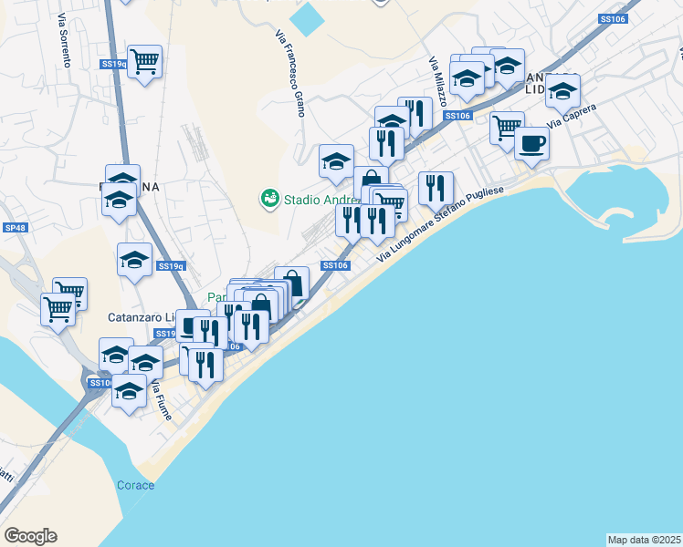 map of restaurants, bars, coffee shops, grocery stores, and more near Via Lungomare in Catanzaro