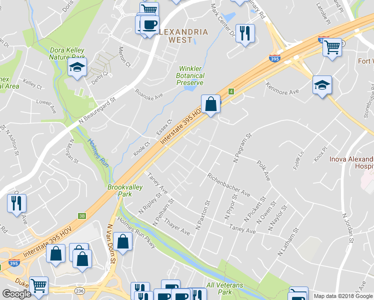 map of restaurants, bars, coffee shops, grocery stores, and more near 1005 North Vail Street in Alexandria