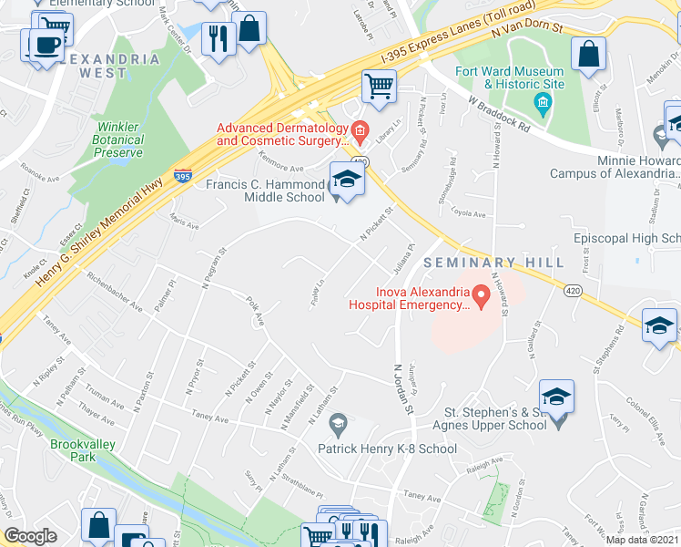 map of restaurants, bars, coffee shops, grocery stores, and more near 1301 North Pickett Street in Alexandria