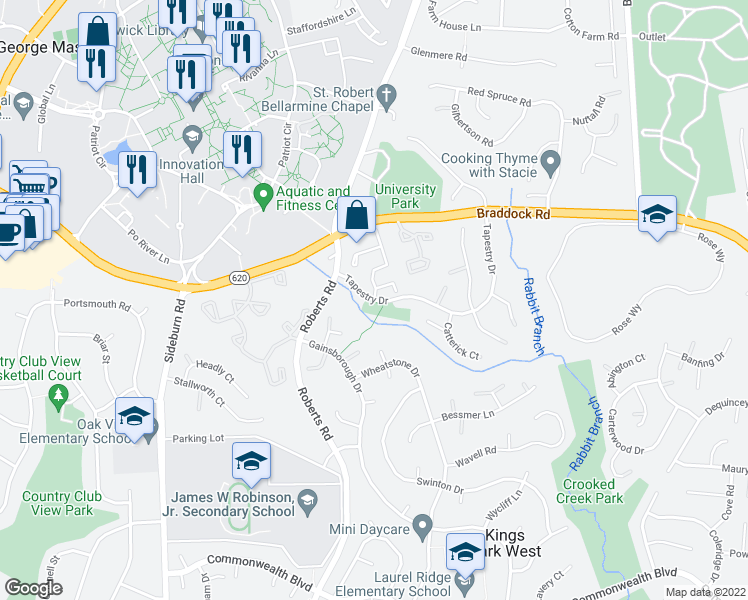 map of restaurants, bars, coffee shops, grocery stores, and more near Tapestry Dr & Forestdale Dr in Fairfax