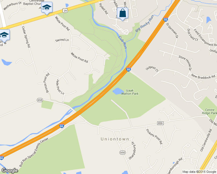 map of restaurants, bars, coffee shops, grocery stores, and more near Interstate 66 in Centreville