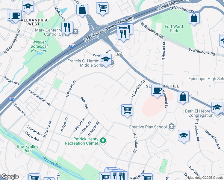 map of restaurants, bars, coffee shops, grocery stores, and more near 1301 North Pickett Street in Alexandria