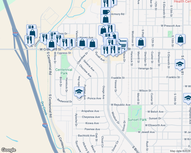 map of restaurants, bars, coffee shops, grocery stores, and more near 1404 Franklin Street in Salina