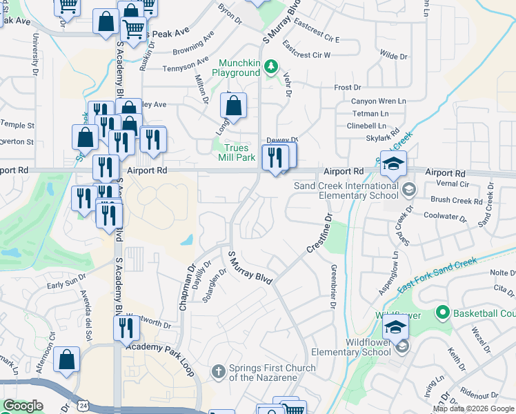 map of restaurants, bars, coffee shops, grocery stores, and more near 647 Cima Vista Point in Colorado Springs