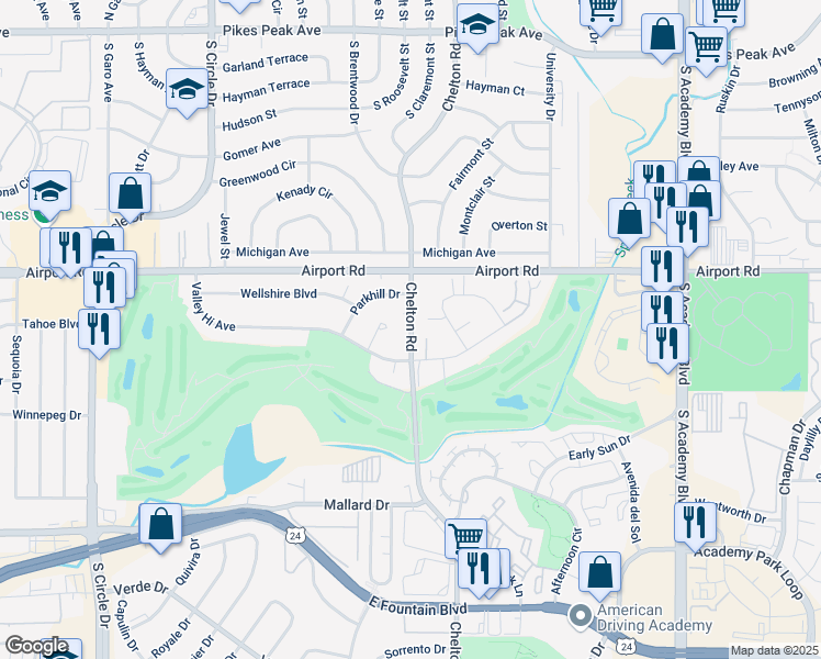 map of restaurants, bars, coffee shops, grocery stores, and more near 3302 Valley Hi Avenue in Colorado Springs