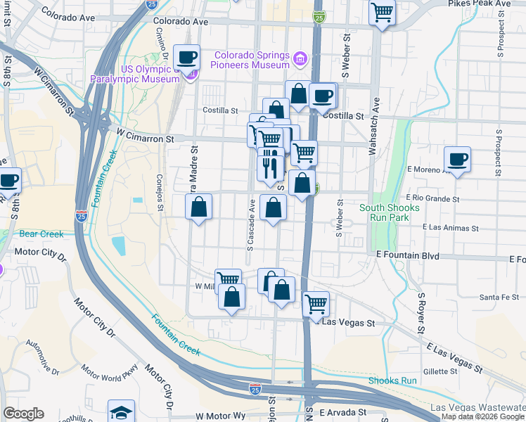 map of restaurants, bars, coffee shops, grocery stores, and more near 802 South Tejon Street in Colorado Springs