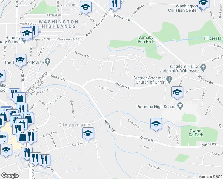 map of restaurants, bars, coffee shops, grocery stores, and more near 4807 Bluebell Court in Oxon Hill