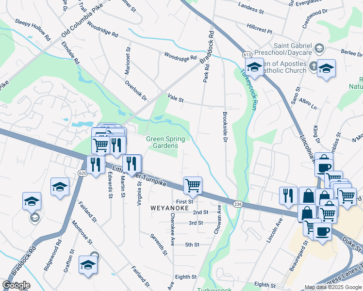 map of restaurants, bars, coffee shops, grocery stores, and more near 4610 Merritt Road in Alexandria