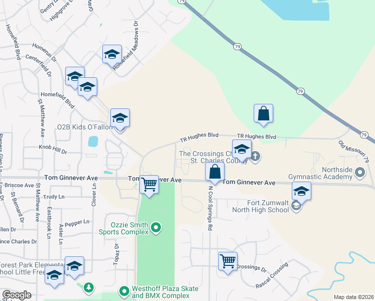 map of restaurants, bars, coffee shops, grocery stores, and more near 135 Meadowland Estates Lane in O'Fallon