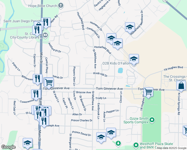map of restaurants, bars, coffee shops, grocery stores, and more near 1062 Saint Matthew Avenue in O'Fallon