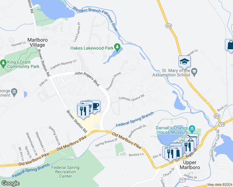 map of restaurants, bars, coffee shops, grocery stores, and more near 14217 Slidell Court in Upper Marlboro