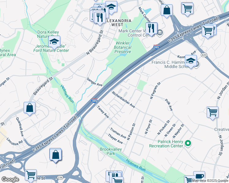map of restaurants, bars, coffee shops, grocery stores, and more near 5441 Richenbacher Avenue in Alexandria