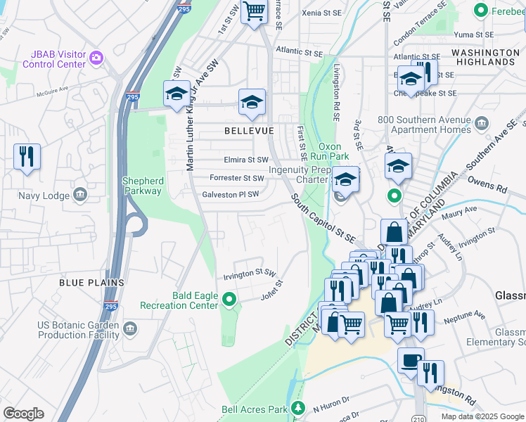 map of restaurants, bars, coffee shops, grocery stores, and more near 26 Galveston Street Southwest in Washington