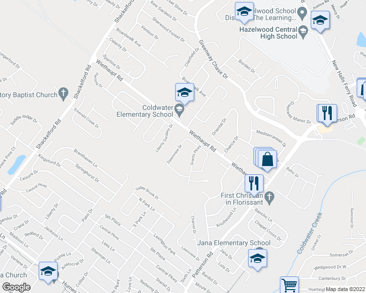 map of restaurants, bars, coffee shops, grocery stores, and more near 2816 Dawnview Drive in Florissant