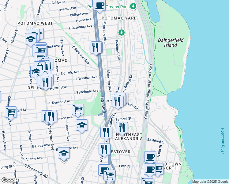 map of restaurants, bars, coffee shops, grocery stores, and more near 1820 Potomac Avenue in Alexandria