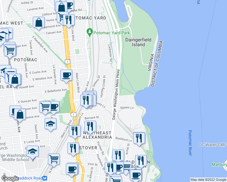 map of restaurants, bars, coffee shops, grocery stores, and more near 1814 West Abingdon Drive in Alexandria